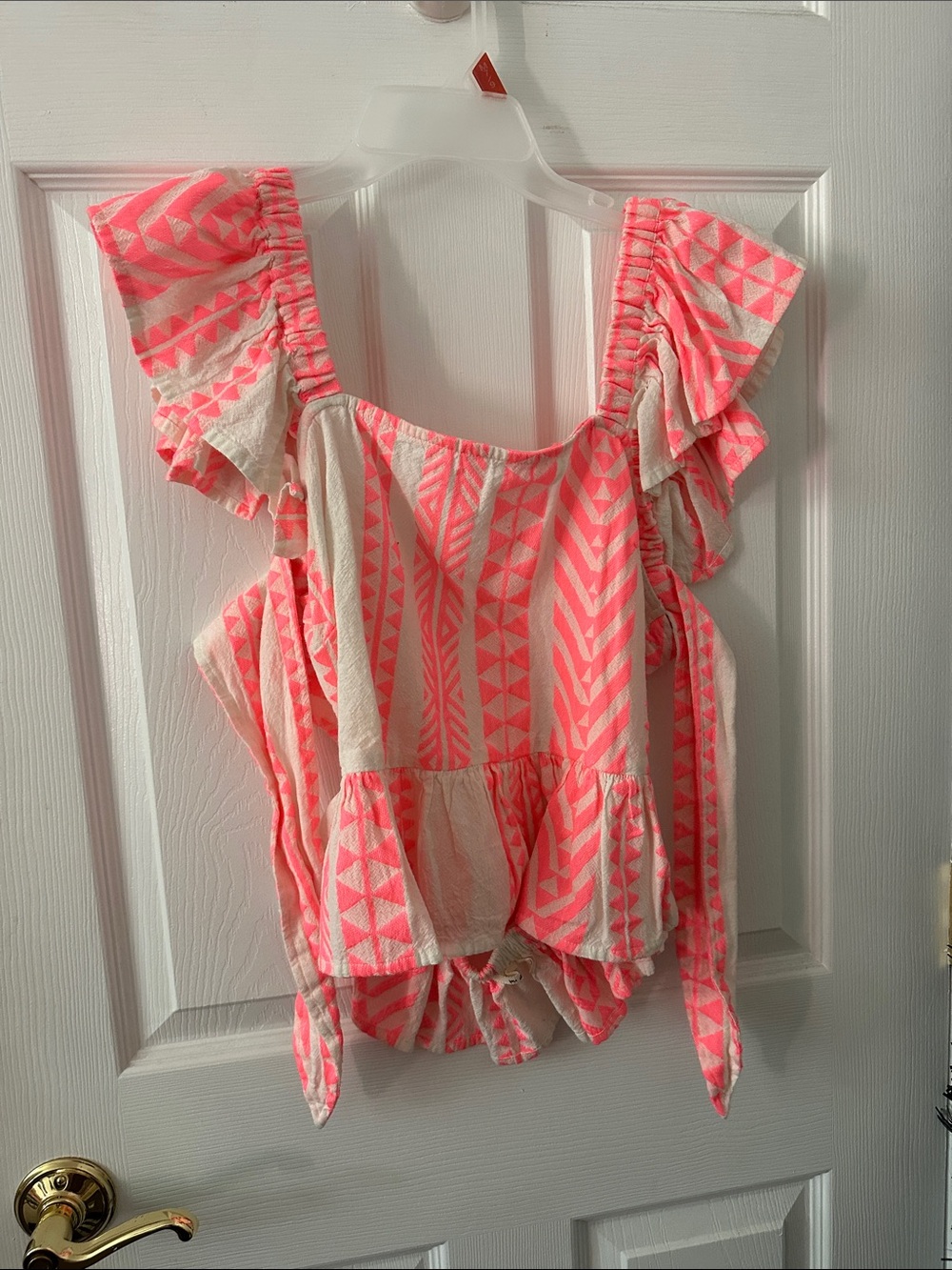 MIA Neon Pink & White Geometric Ruffle Strap Camisole